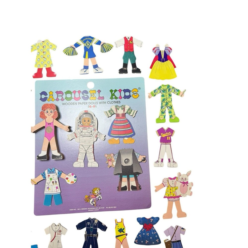 Vintage 1993 Carousel Kids Wooden Paper Dolls with Clothes 32 Outfits Red Hair - Picture 3 of 5